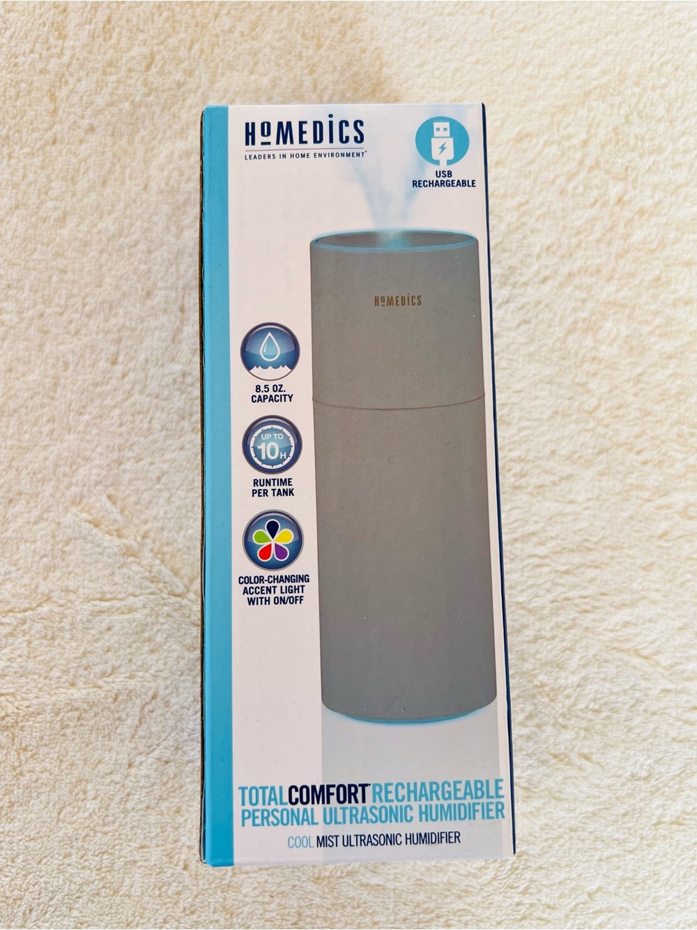 Homedics Portable Ultrasonic Humidifier, Cordless, Desktop Travel NEW IN BOX